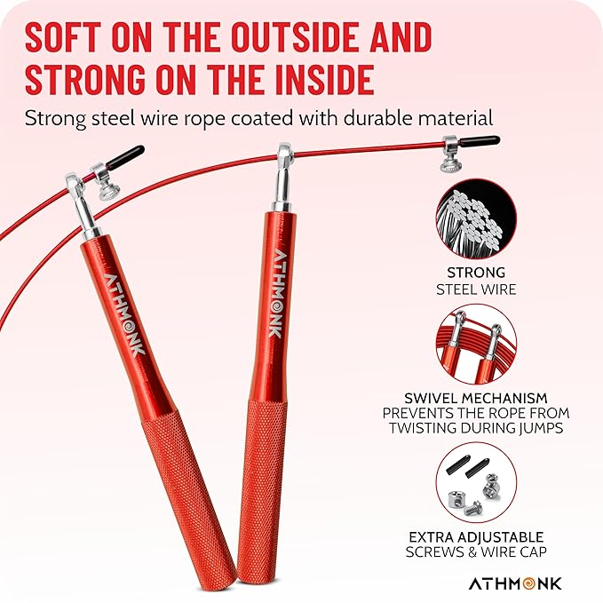 Athmonk Steel Wire High Speed Skipping Rope For Men & Women - Jumping Rope For Exercise - Metal Handle - Tangle Free 10ft Long Adjustable